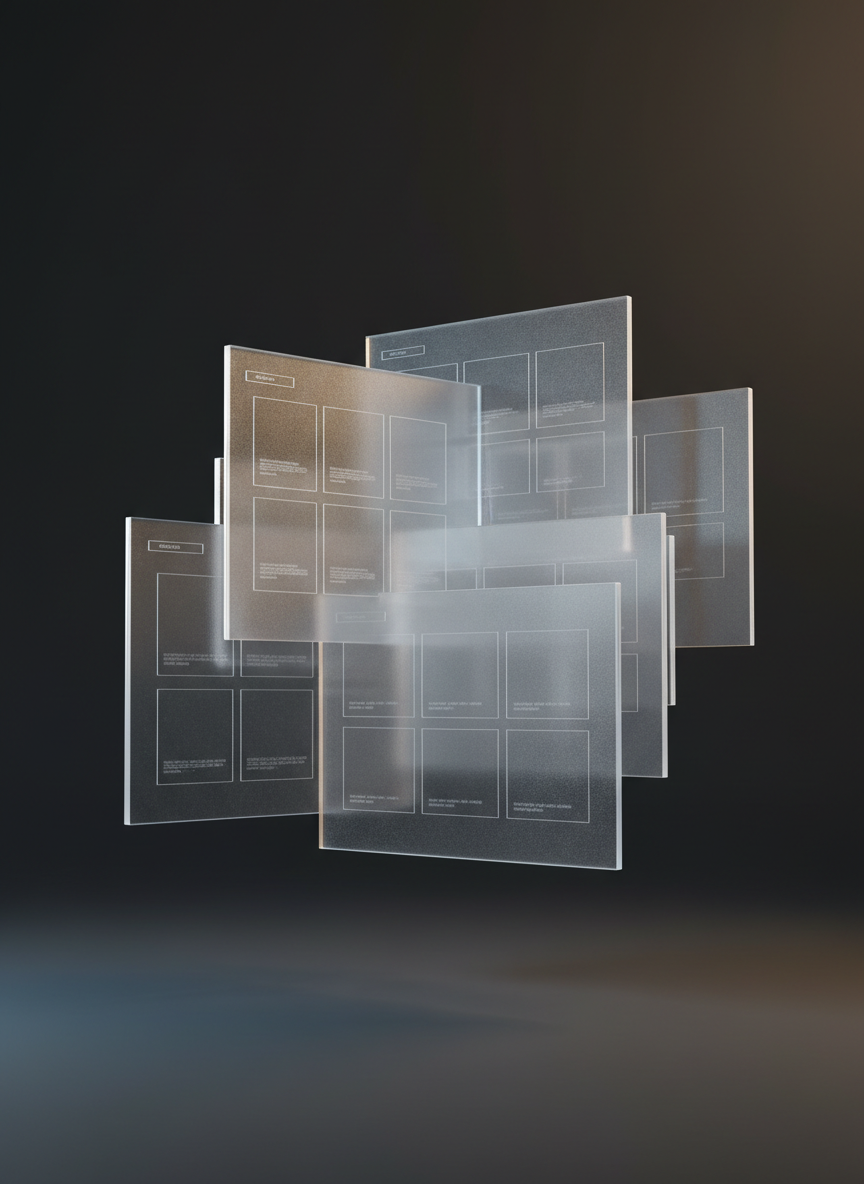An abstract representation of a digital portfolio homepage rendered as layered, semi-transparent panels of frosted glass and matte paper textures floating over a deep charcoal background. Each panel subtly suggests project thumbnails and text blocks through embossed rectangles and faint grid lines, without any legible content. Soft, cool-toned studio lighting creates delicate specular highlights along beveled edges and silky gradients across surfaces, while a single warm light from the upper right casts refined, directional shadows for depth. The composition is centered yet asymmetrical, with panels receding into subtle perspective, evoking a sense of structured sophistication. The overall mood is polished, contemplative, and modern, using tactile textures to visualize the elegance and organization of a personal portfolio experience.