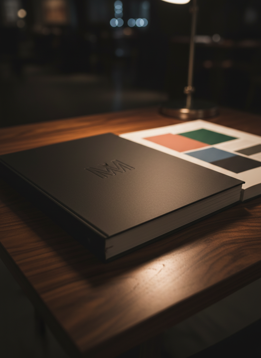 A close-up of a thick, museum-quality portfolio book lying partially open on a dark walnut table with visible wood grain texture. The cover is deep matte black with a debossed monogram logo, its edges slightly catching a soft, warm spotlight from above. Inside, creamy off-white pages with a fine, toothy paper texture display abstract blocks of muted color and geometric shapes, hinting at projects without readable details. The background falls into a velvety blur, emphasizing the tactile surfaces. Shot from a low, three-quarter angle, the composition focuses on the spine and page edges, with subtle bokeh from a brushed-metal desk lamp in the distance. The atmosphere is refined, almost gallery-like, suggesting careful craftsmanship and sophisticated presentation.