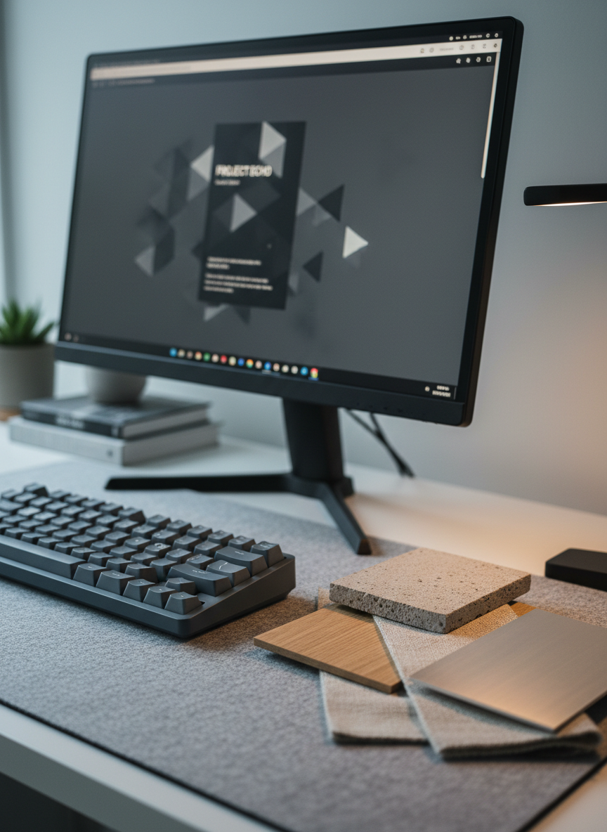 An elegant desktop scene featuring a large, ultra-thin monitor displaying a blurred, monochrome interface of a portfolio case study, framed by a bevel-edged, matte-black casing. In front, a slate-colored mechanical keyboard with sculpted keycaps sits on a felt desk pad in heathered gray, its texture clearly visible in the foreground. To the side, a stack of sample material swatches—concrete, oak, linen, and brushed aluminum—fan out like a quiet palette of ideas. Cool, indirect daylight from a side window washes across the scene, contrasted by a subtle warm glow from a minimal desk light, creating nuanced highlights on textures. Captured at eye-level with a shallow depth of field, the monitor and swatches are in crisp focus, conveying a sophisticated, design-forward workspace for crafting thoughtful portfolio projects.