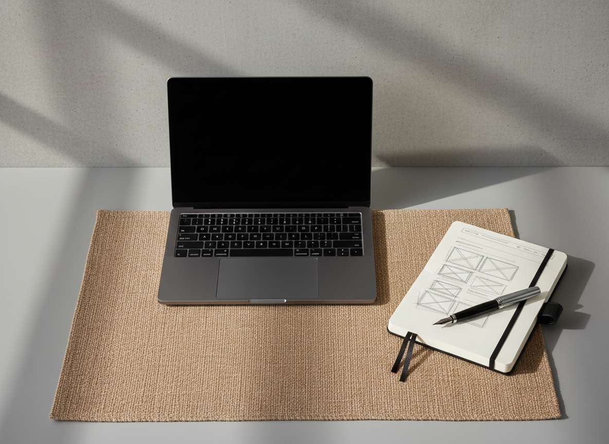 A meticulously arranged flatlay of a personal design workspace, featuring a sleek graphite-gray laptop with a subtle brushed-metal texture, a charcoal leather-bound sketchbook half-open to a wireframe sketch, and a fountain pen resting diagonally across the page. Beneath everything, a rich, woven linen desk mat in muted sand tones adds organic texture. The setting is a clean, minimalist desk against a soft, concrete-textured wall. Diffused morning light from an unseen window grazes the surfaces, creating gentle, elongated shadows and soft highlights on the metallic edges. Captured from a true top-down perspective with sharp focus throughout, the composition uses careful negative space to feel sophisticated and intentional, evoking a calm, thoughtful portfolio curation in a texture-forward, editorial style.