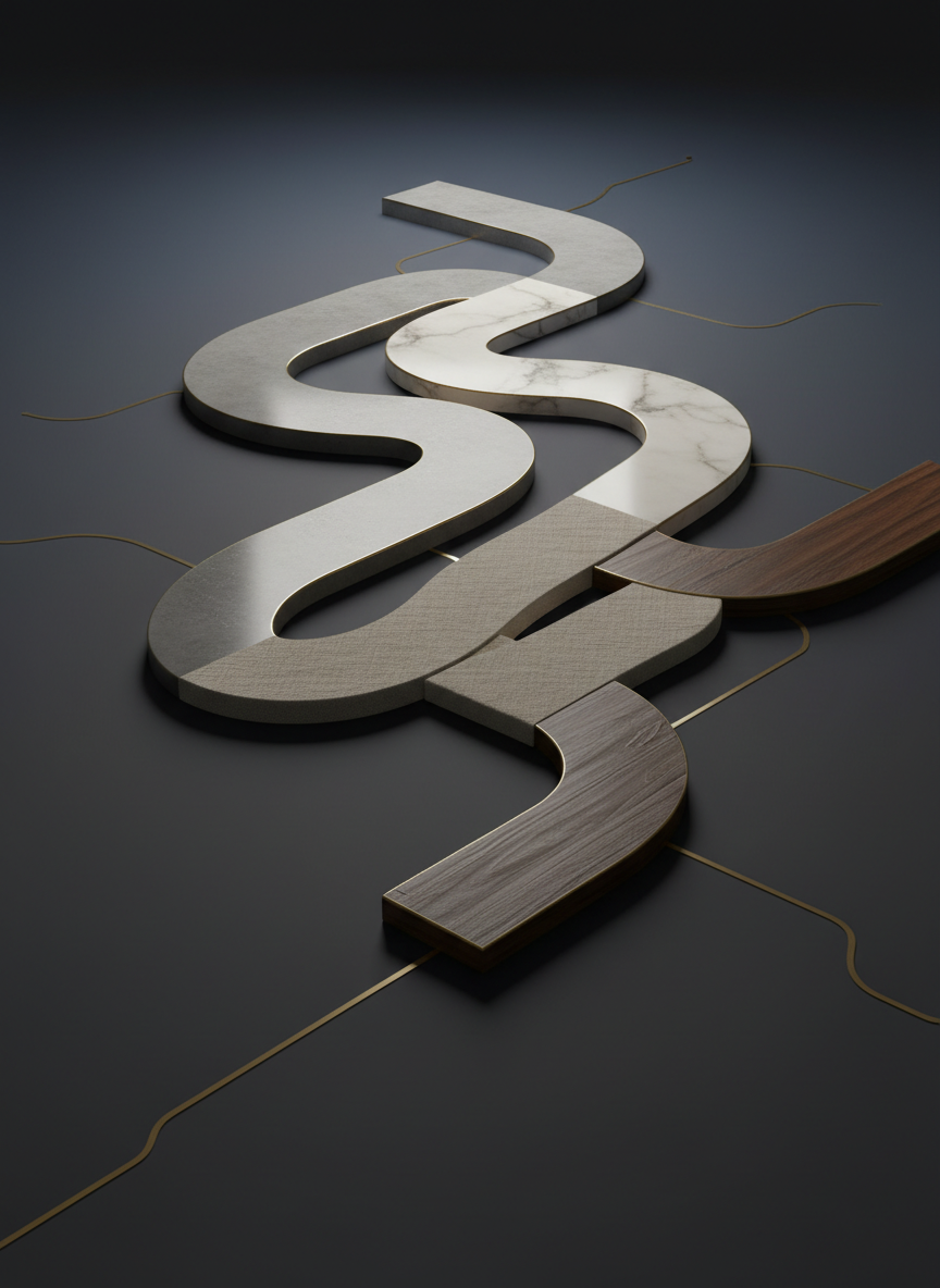 A conceptual illustration of a portfolio project roadmap depicted as a series of interconnected, raised pathways made of different materials—smooth poured concrete, honed marble, raw linen, and dark-stained wood—arranged on a matte, deep-navy surface. Thin brass inlays trace subtle lines between paths, suggesting process and progression. Gentle overhead lighting produces soft, diffuse reflections on polished textures and velvety shadows along the edges of more tactile materials. The composition uses a three-quarter, slightly elevated angle, giving a sense of depth and journey without any text or icons. The atmosphere is quietly ambitious and highly considered, combining architectural minimalism with rich, tangible textures to symbolize the sophistication, structure, and diversity of case studies within a personal portfolio.